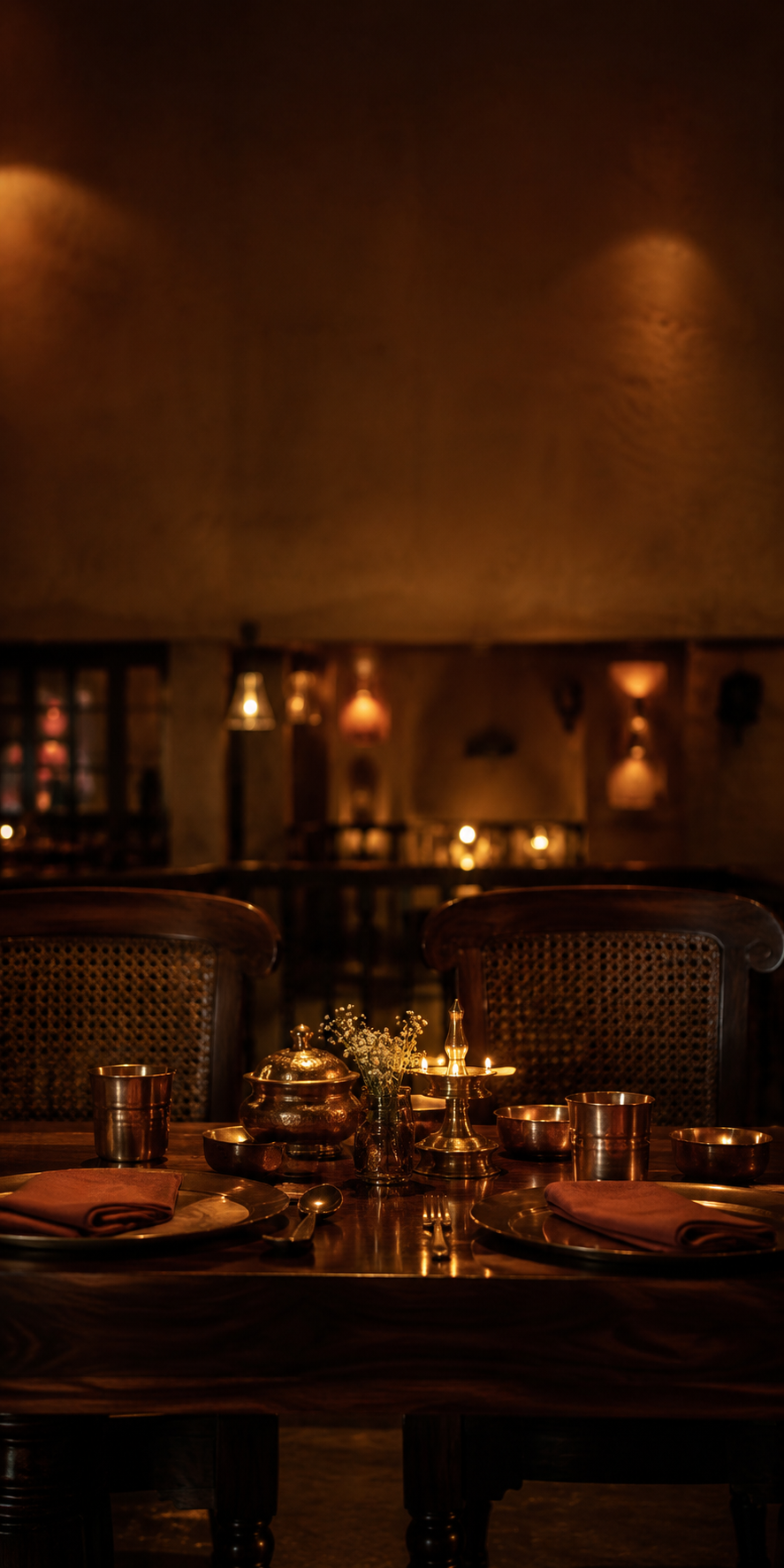 A table laid with brass tableware and candlelight at Nandini&rsquo;s