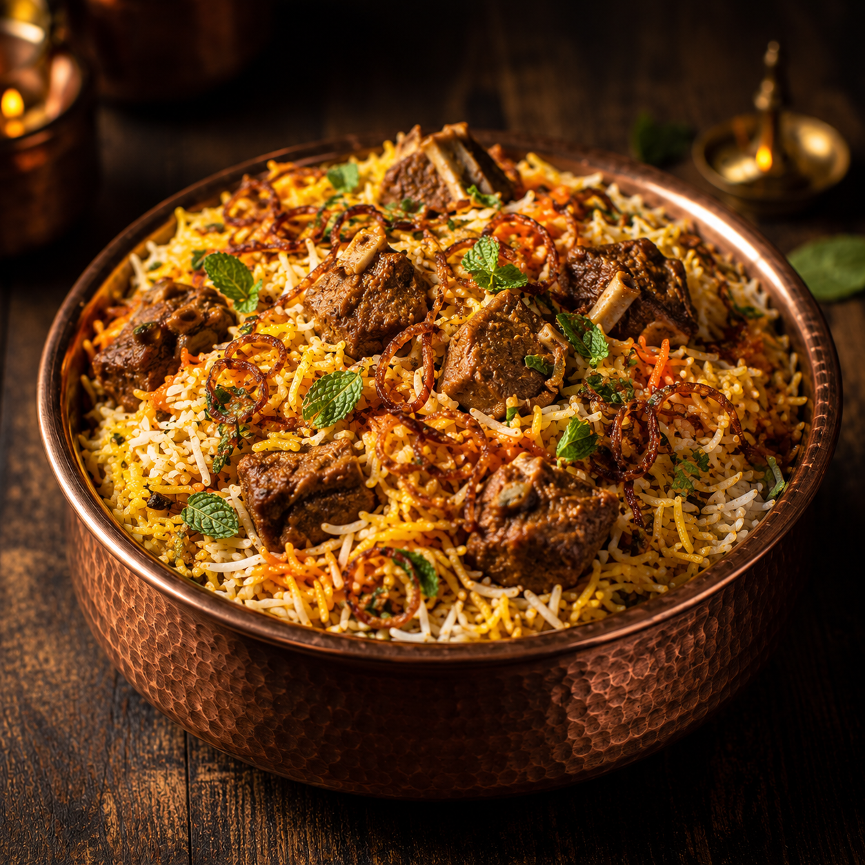 Mutton biryani in a copper handi
