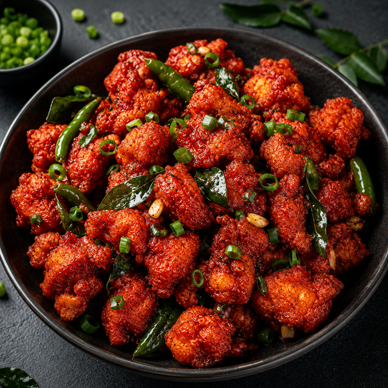 Chicken 65 with curry leaves and green chilli
